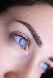 Close-up of a beautifully shaped ombré eyebrow with natural hair strokes and soft shading, showcasing professional permanent makeup brow artistry in Houston.
